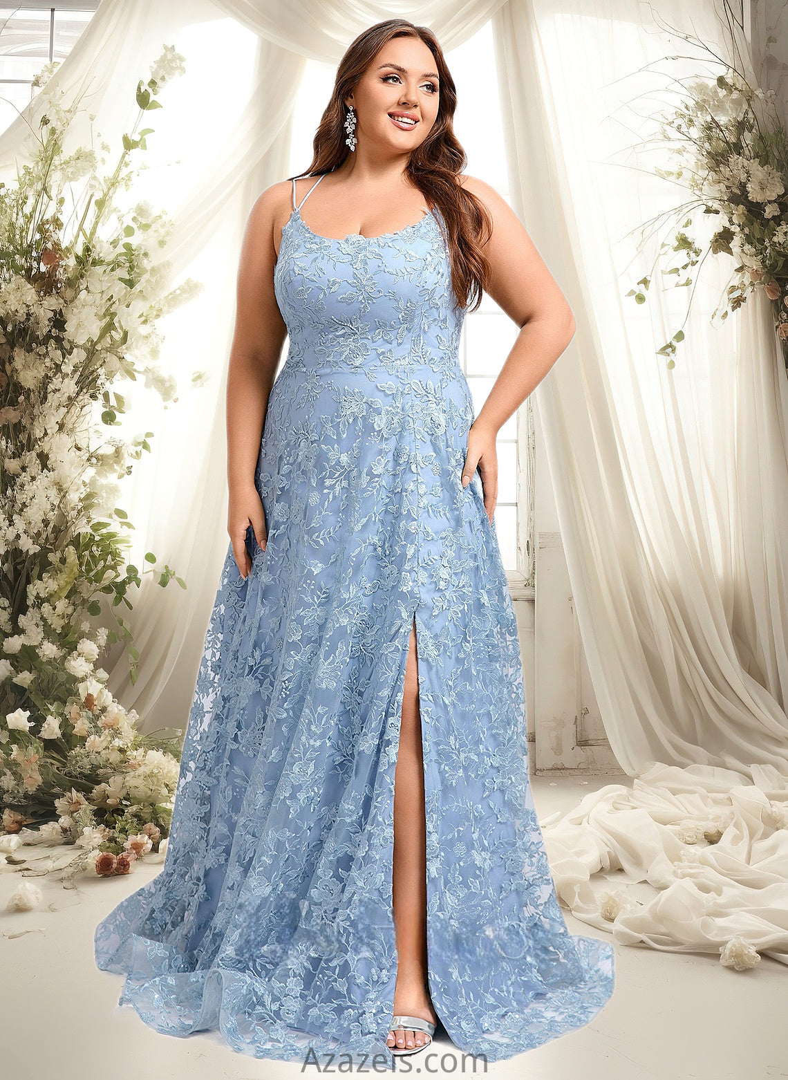 Lesley A-line Scoop Floor-Length Lace Floral Prom Dresses DFP0025847