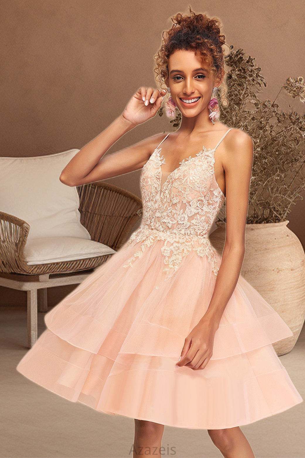 Kylie A-line V-Neck Short/Mini Lace Tulle Homecoming Dress DFP0020524