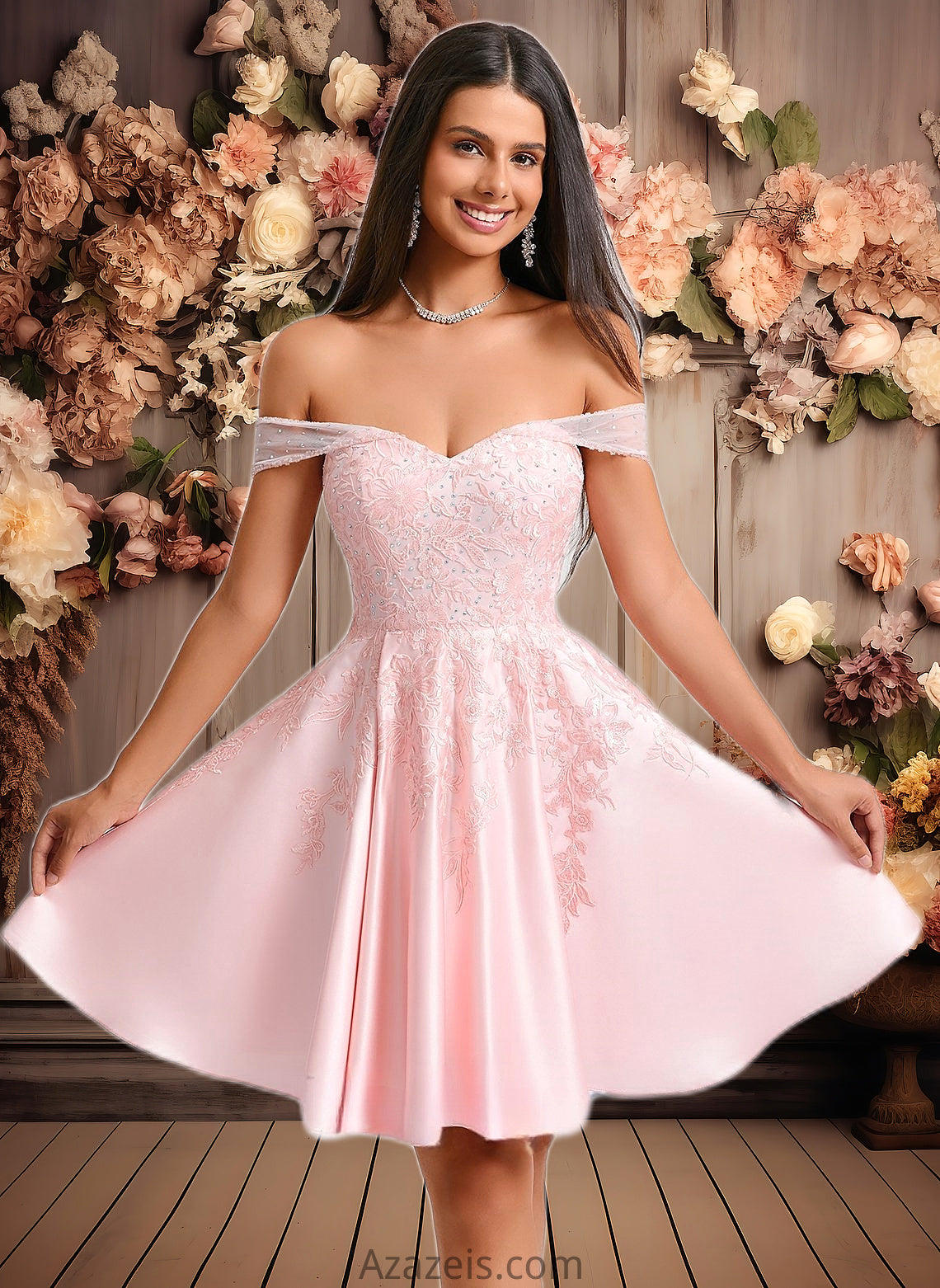 Rhoda A-line Off the Shoulder Short Satin Homecoming Dress With Rhinestone Beading Appliques Lace DFP0025679