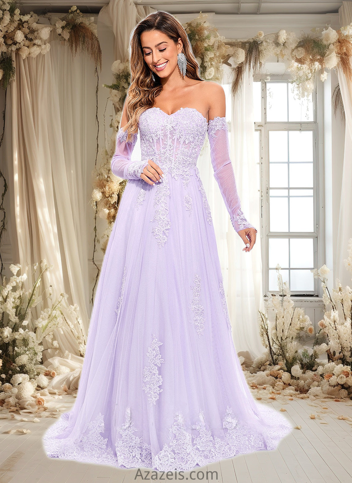 Kara A-line Sweetheart Sweep Train Tulle Prom Dresses With Sequins Appliques Lace DFP0025856