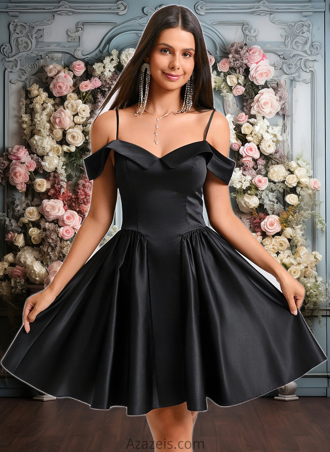 Kiera A-line Off the Shoulder Short Satin Homecoming Dress DFP0025704