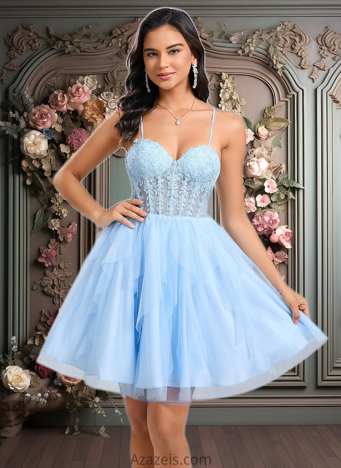 Jaiden Ball-Gown/Princess Sweetheart Short Lace Tulle Homecoming Dress With Ruffle DFP0025707