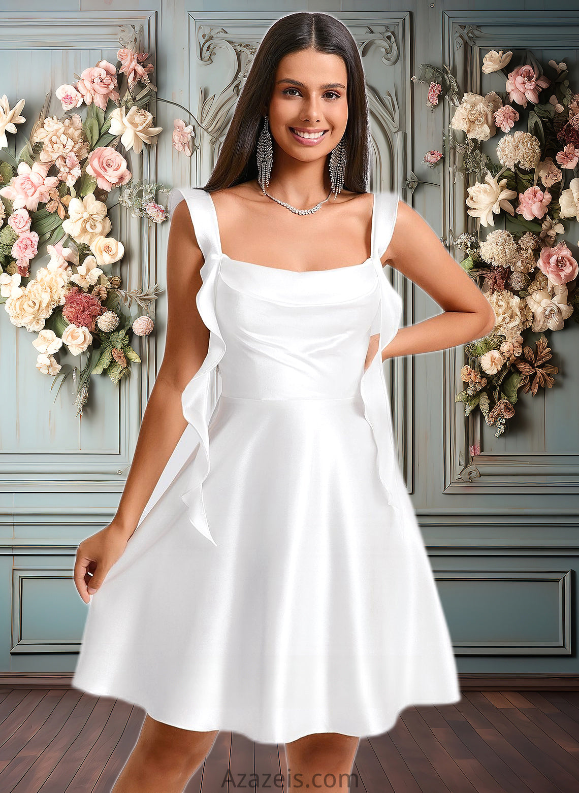 Regina A-line Scoop Short Stretch Satin Homecoming Dress With Cascading Ruffles DFP0025653