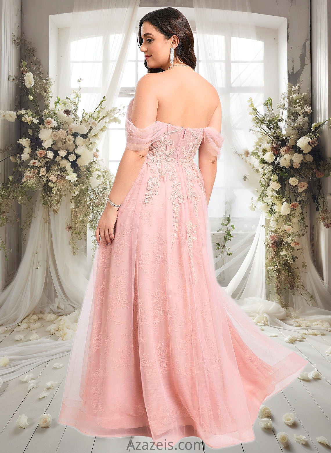 Elva A-line Sweetheart Off the Shoulder Floor-Length Tulle Floral Lace Prom Dresses With Appliques Lace DFP0025870