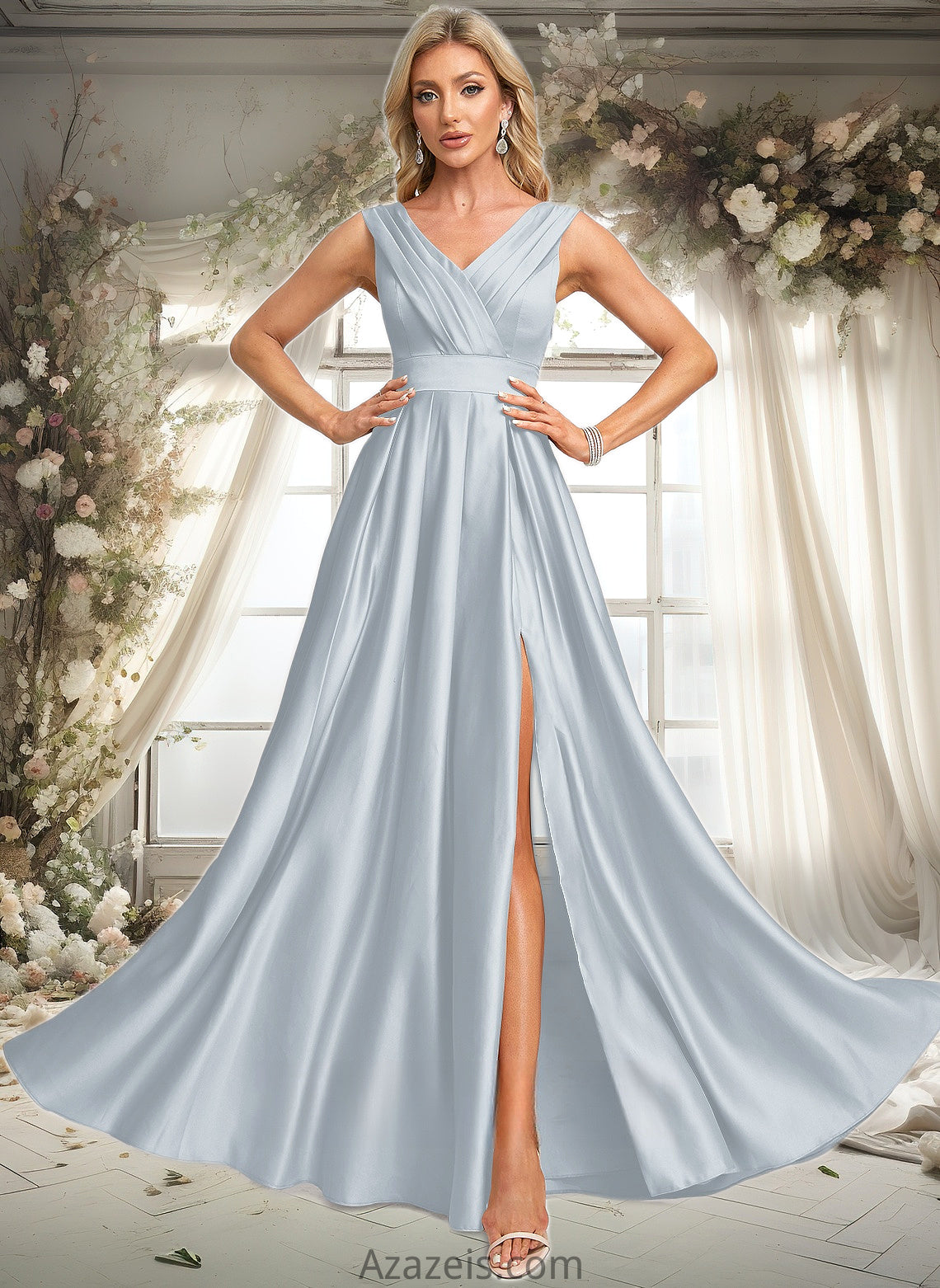 Alani A-line V-Neck Floor-Length Satin Prom Dresses DFP0025877