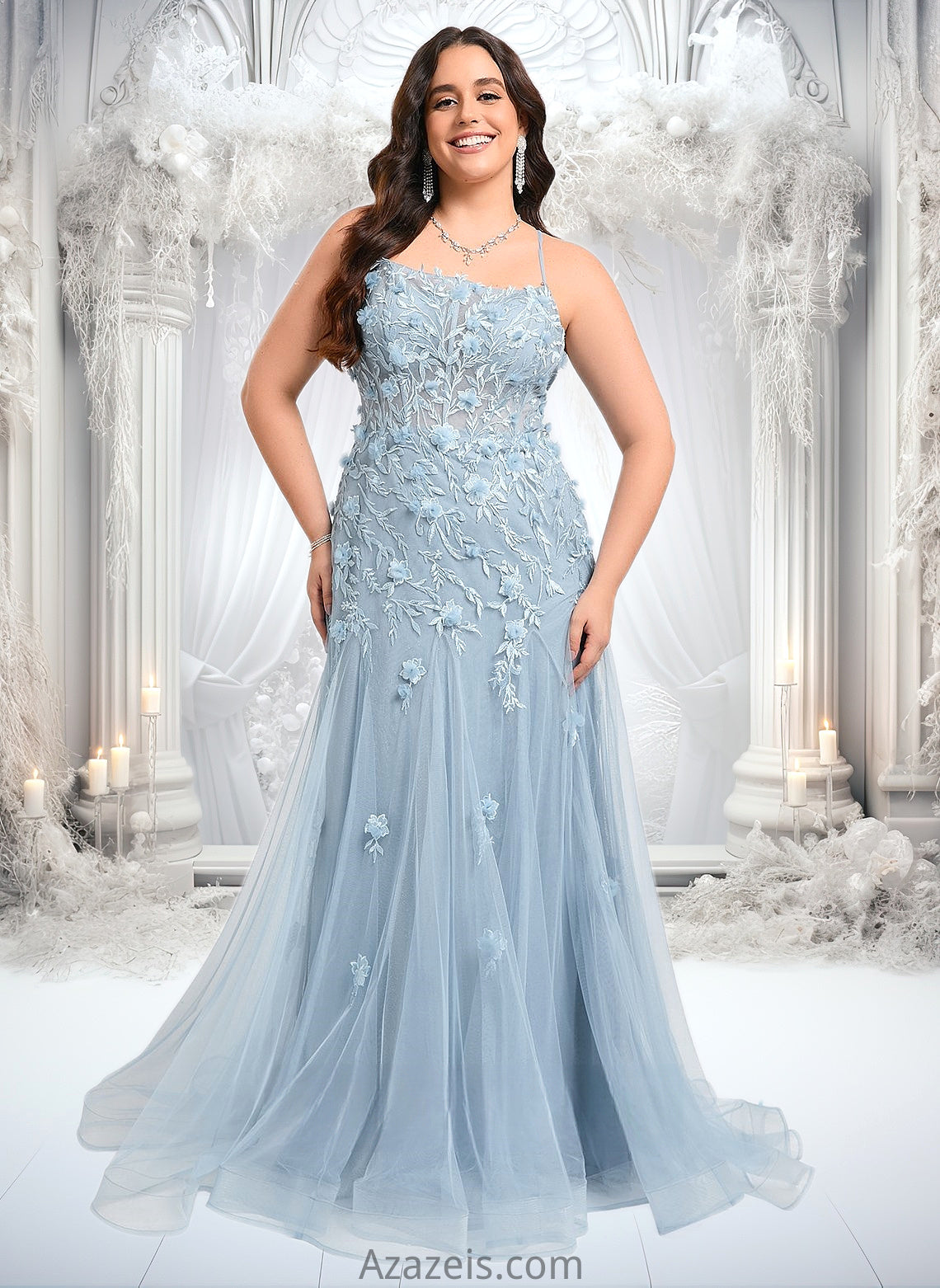 Olivia Trumpet/Mermaid Straight Sweep Train Tulle Prom Dresses With Flower DFP0025866