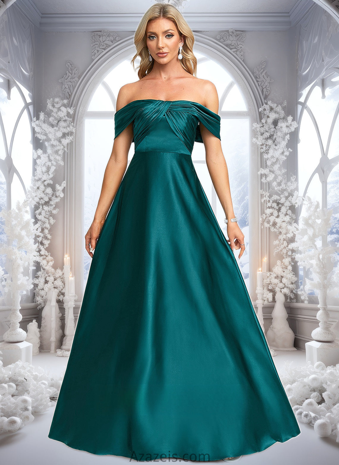 Ayla A-line Off the Shoulder Floor-Length Stretch Satin Prom Dresses DFP0025879