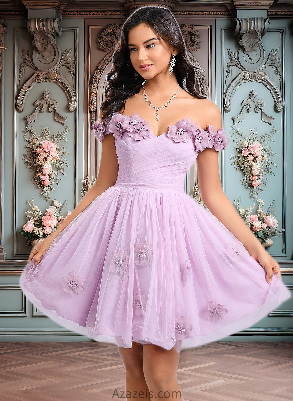 Nell Ball-Gown/Princess Off the Shoulder Short Tulle Homecoming Dress With Pleated Flower DFP0025668