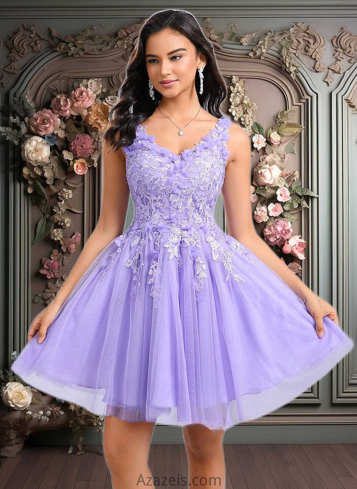 Kiara Ball-Gown/Princess V-Neck Short Lace Tulle Homecoming Dress With Flower DFP0025656