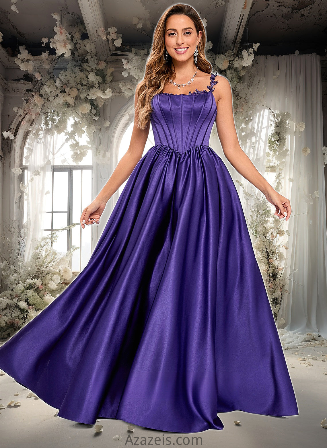 Yaritza Ball-Gown/Princess Scoop Floor-Length Satin Prom Dresses With Appliques Lace Beading DFP0025865