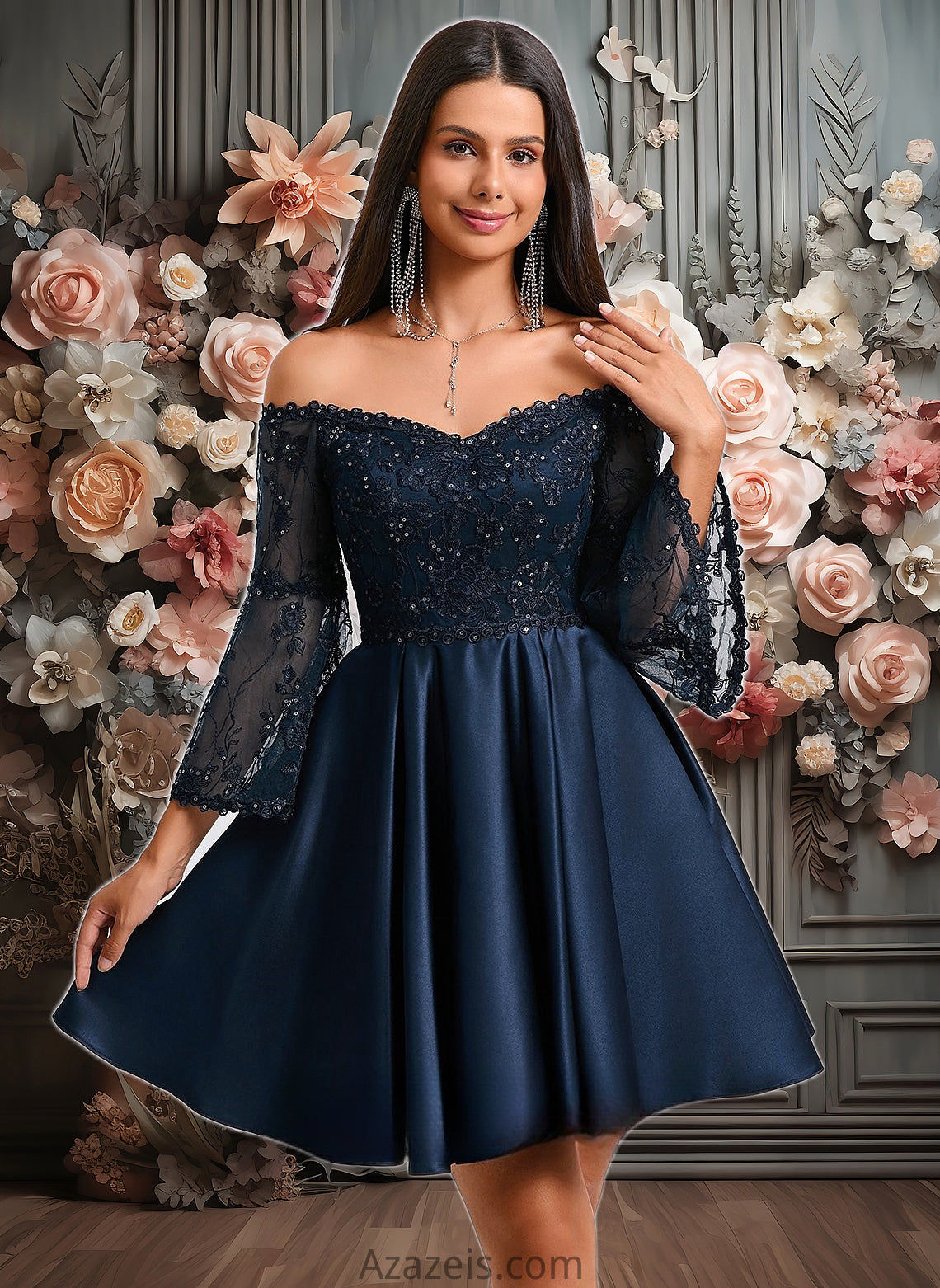 Anabelle A-line Off the Shoulder Short Satin Homecoming Dress With Sequins DFP0025651