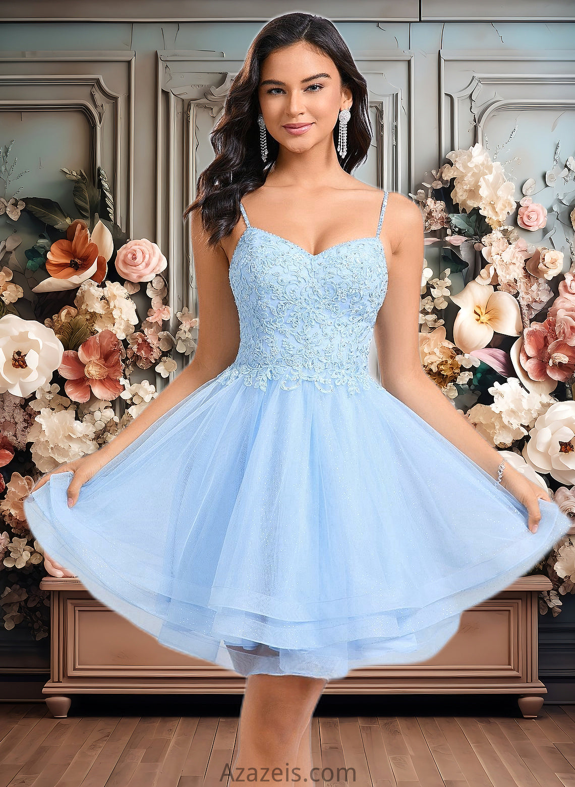 Cailyn A-line V-Neck Short Lace Tulle Homecoming Dress With Rhinestone Sequins DFP0025658