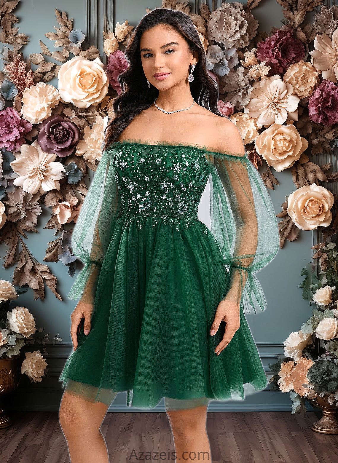 Fernanda A-line Off the Shoulder Short Tulle Homecoming Dress With Sequins Appliques Lace DFP0025663