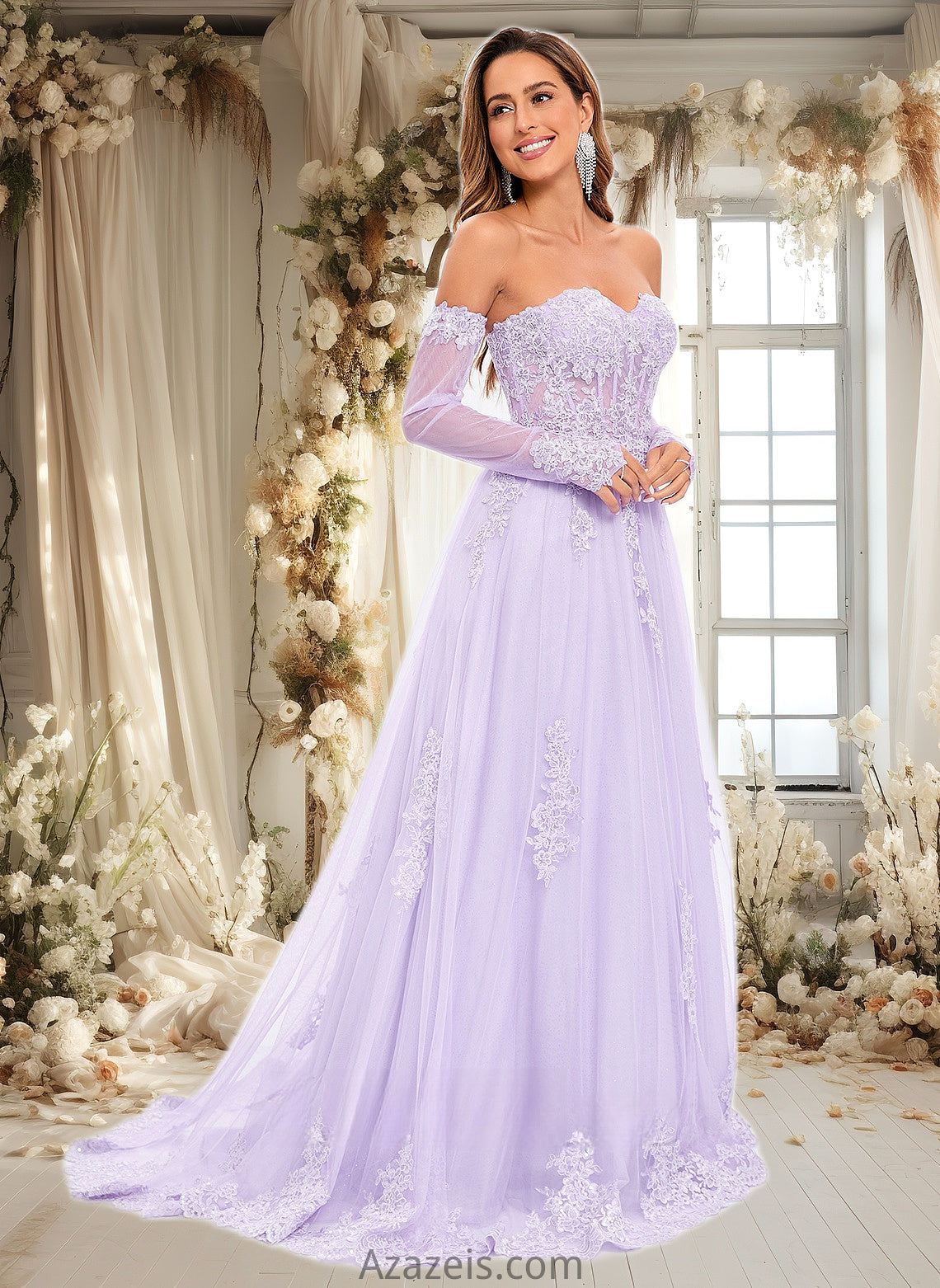 Kara A-line Sweetheart Sweep Train Tulle Prom Dresses With Sequins Appliques Lace DFP0025856