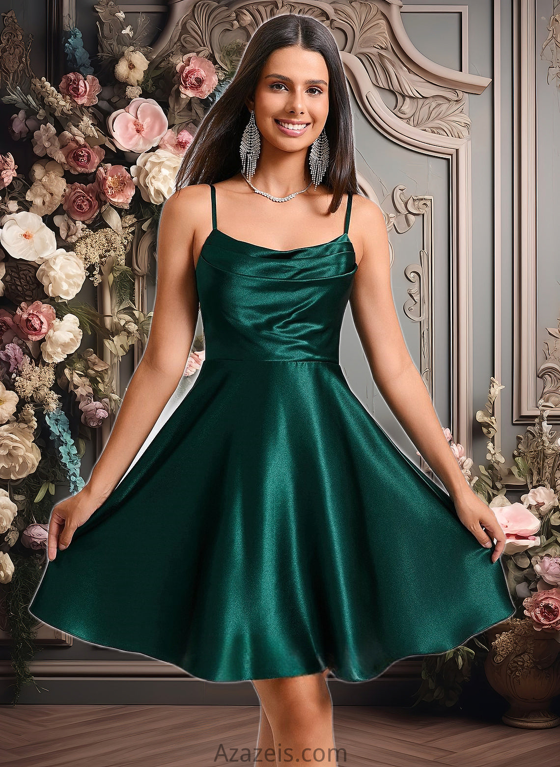 April A-line Cowl Short Stretch Satin Homecoming Dress DFP0025664