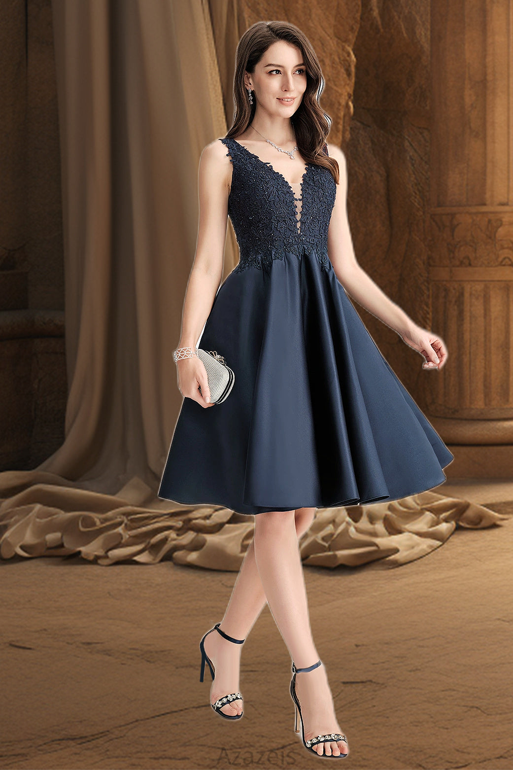 Nellie A-line V-Neck Knee-Length Lace Satin Homecoming Dress With Beading DFP0020517