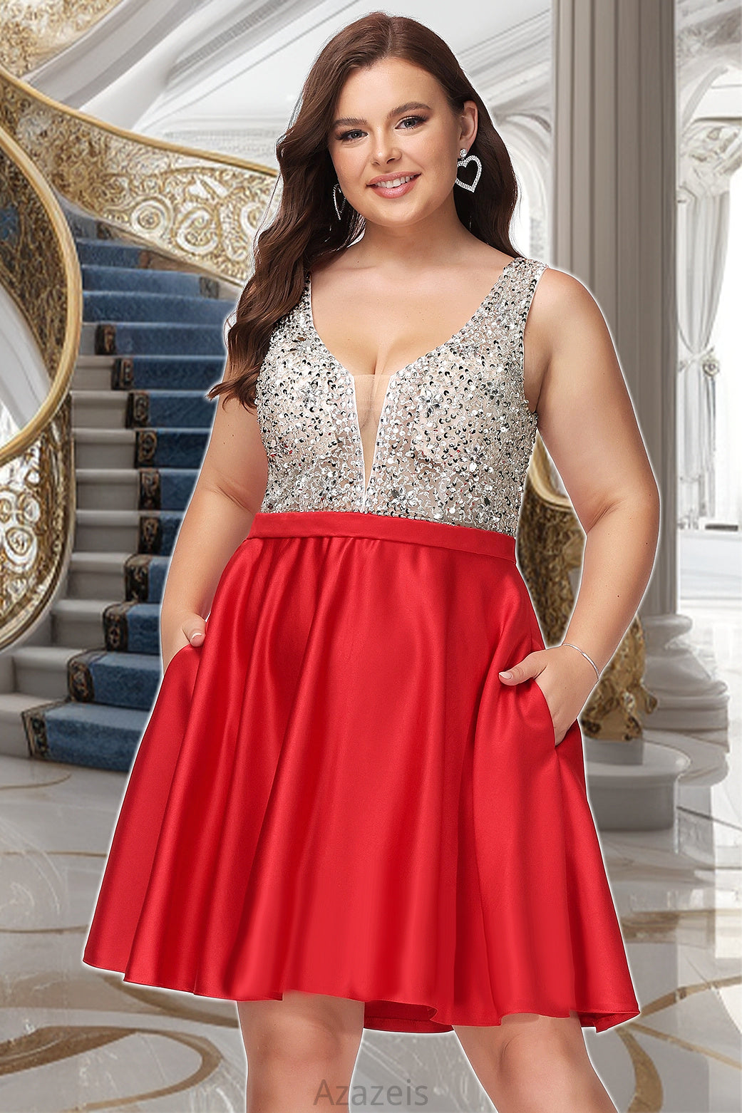 Delaney A-line V-Neck Short/Mini Satin Homecoming Dress With Beading Sequins DFP0020569