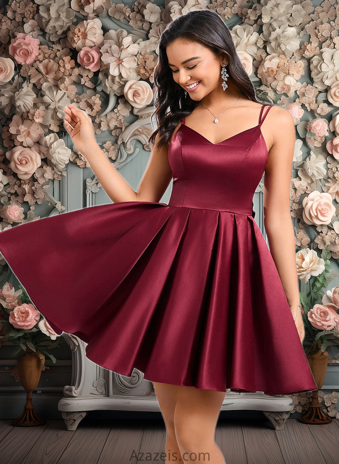 Amya Ball-Gown/Princess V-Neck Short Satin Homecoming Dress With Bow DFP0025662