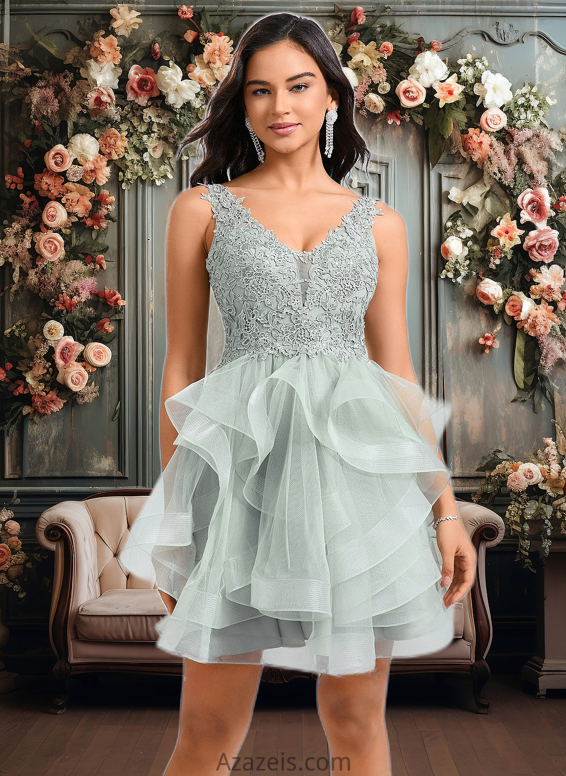 Sheila Ball-Gown/Princess V-Neck Short Tulle Lace Homecoming Dress DFP0025671