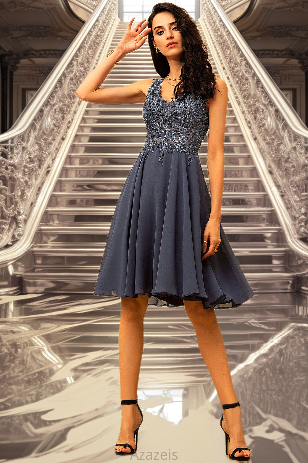 Aurora A-line V-Neck Short/Mini Chiffon Lace Homecoming Dress With Beading DFP0020536