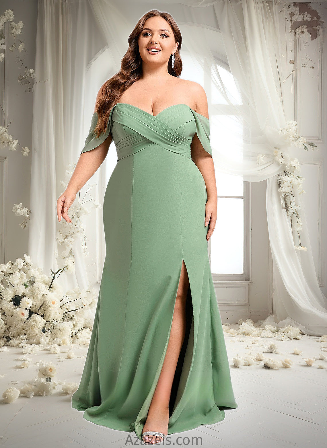 Kallie Trumpet/Mermaid Off the Shoulder V-Neck Floor-Length Chiffon Bridesmaid Dress DFP0025810