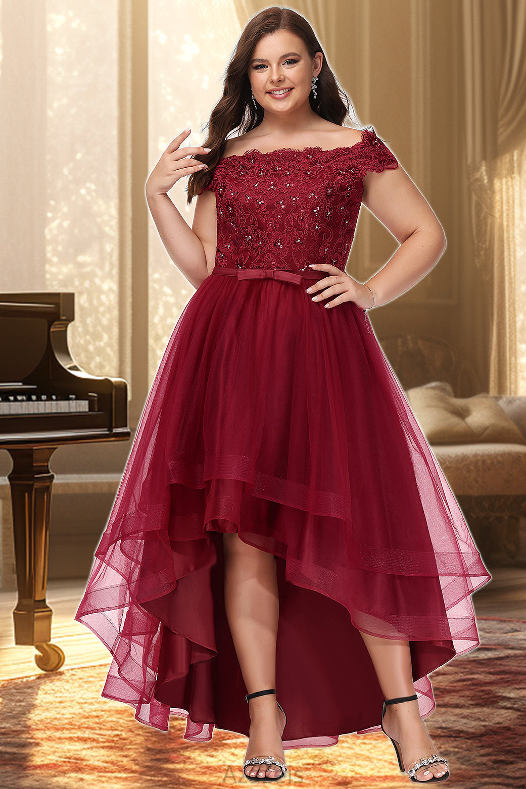 Daisy A-line Off the Shoulder Asymmetrical Lace Tulle Homecoming Dress With Beading Bow Sequins DFP0020535