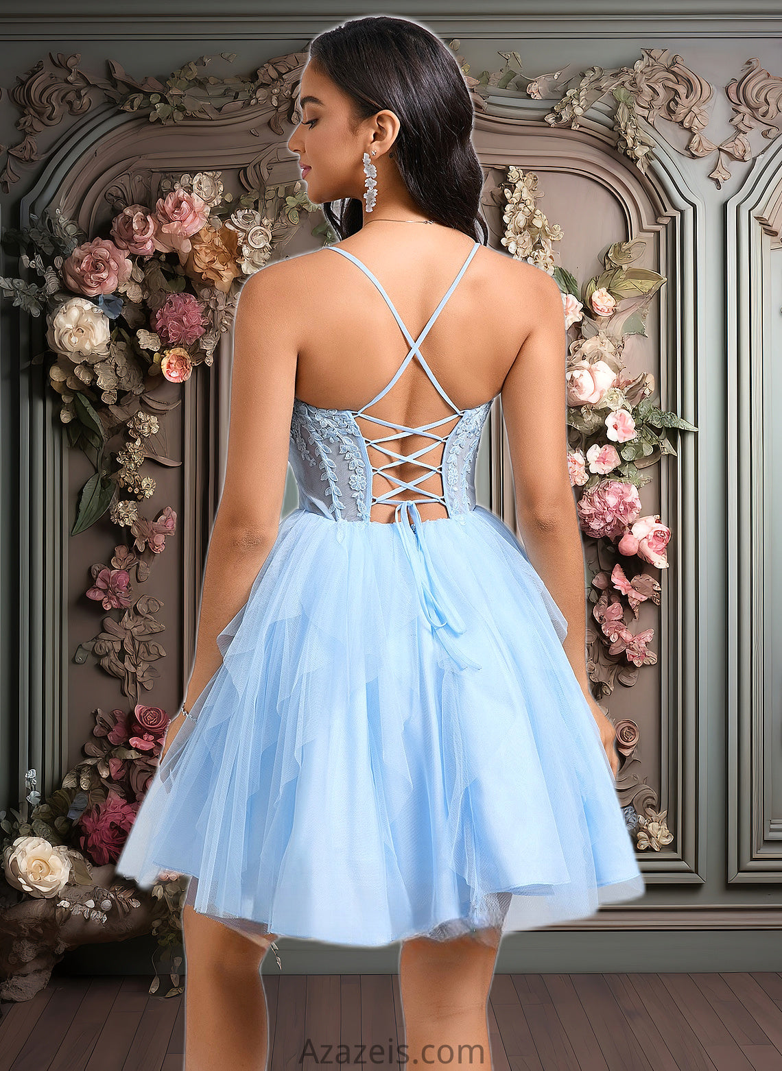 Jaiden Ball-Gown/Princess Sweetheart Short Lace Tulle Homecoming Dress With Ruffle DFP0025707