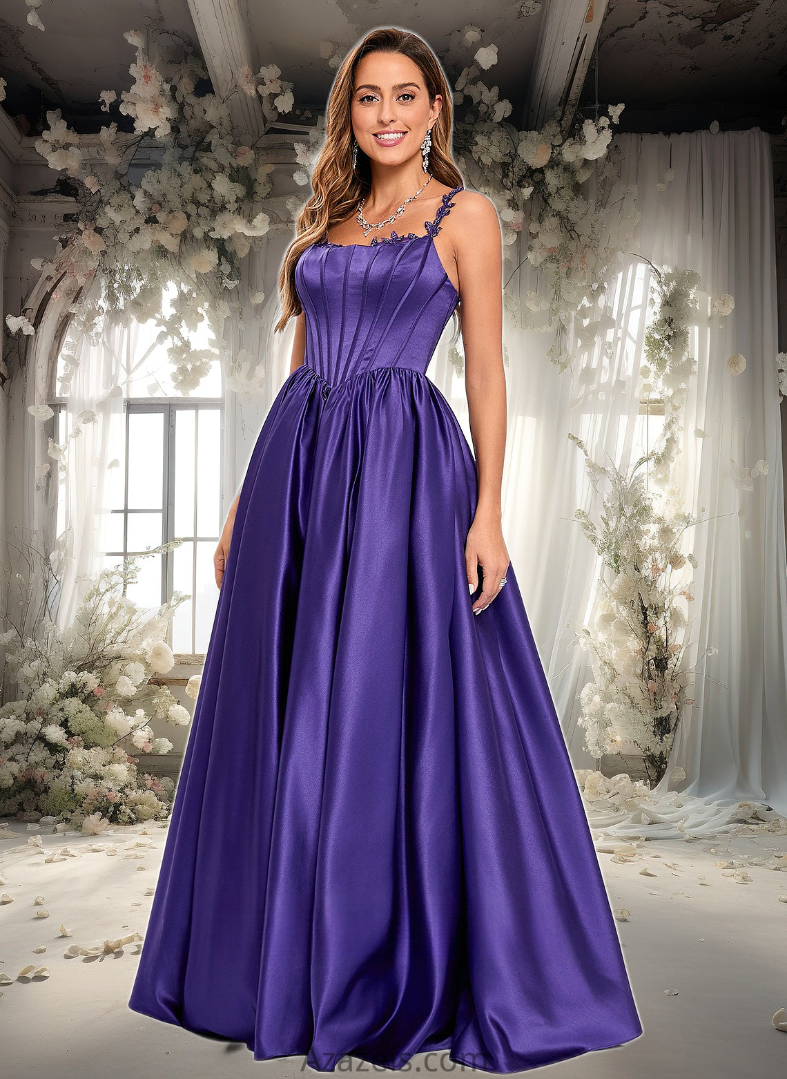 Yaritza Ball-Gown/Princess Scoop Floor-Length Satin Prom Dresses With Appliques Lace Beading DFP0025865