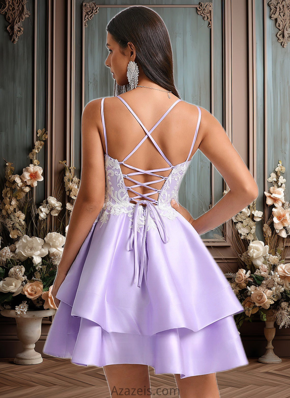 Nayeli A-line V-Neck Short Satin Homecoming Dress With Appliques Lace DFP0025696