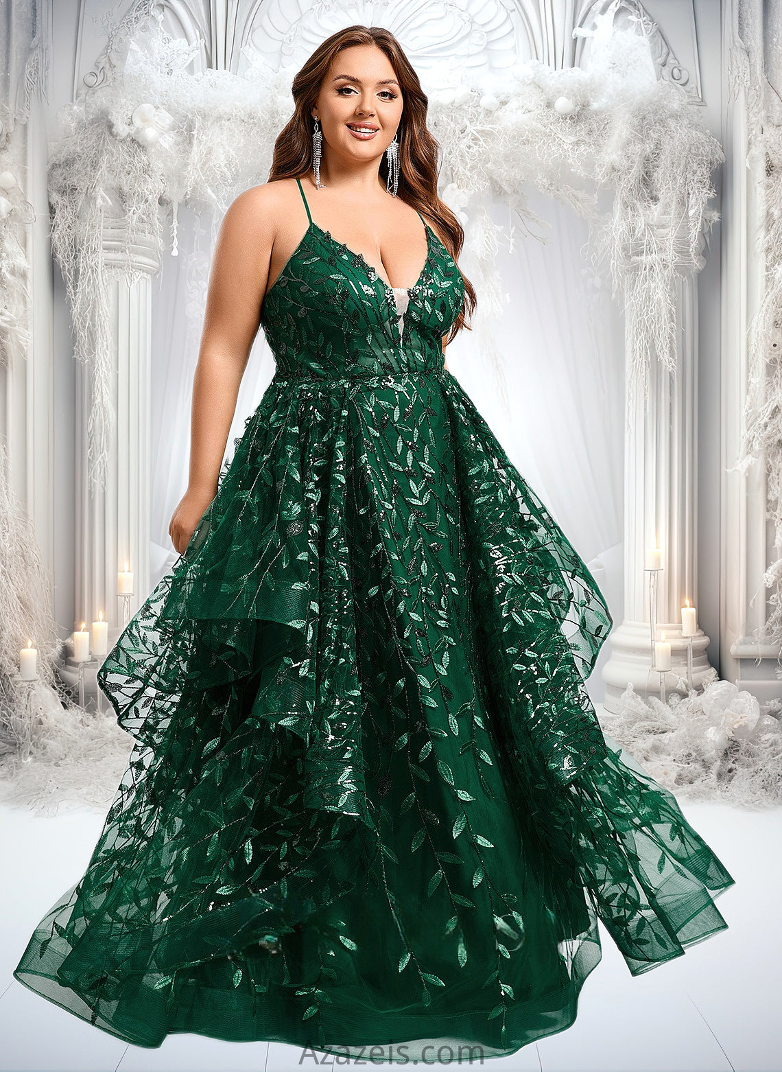 Frida Ball-Gown/Princess V-Neck Floor-Length Lace Floral Prom Dresses With Sequins DFP0025838