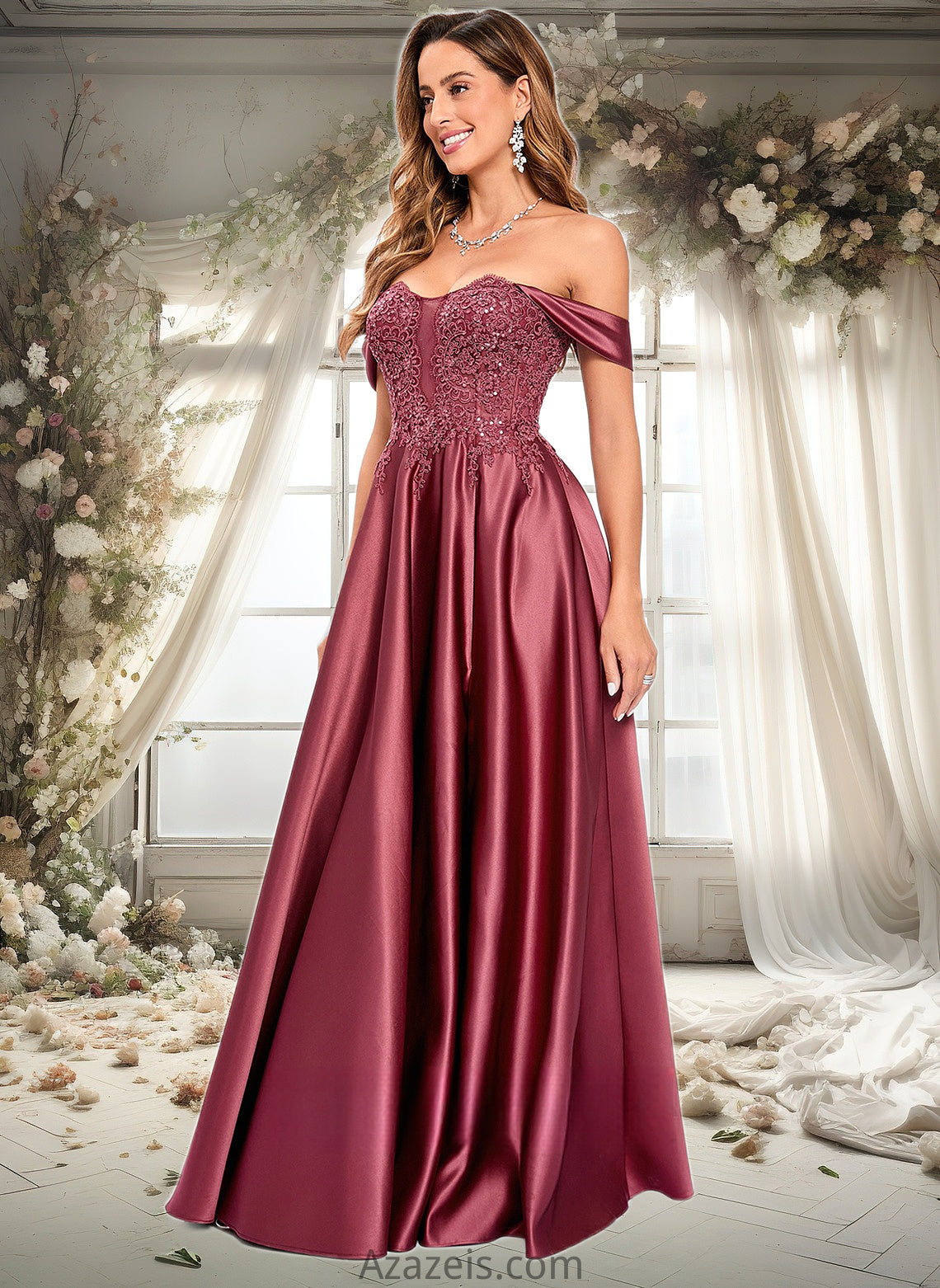 Jolie A-line Off the Shoulder Floor-Length Satin Lace Prom Dresses With Sequins DFP0025841