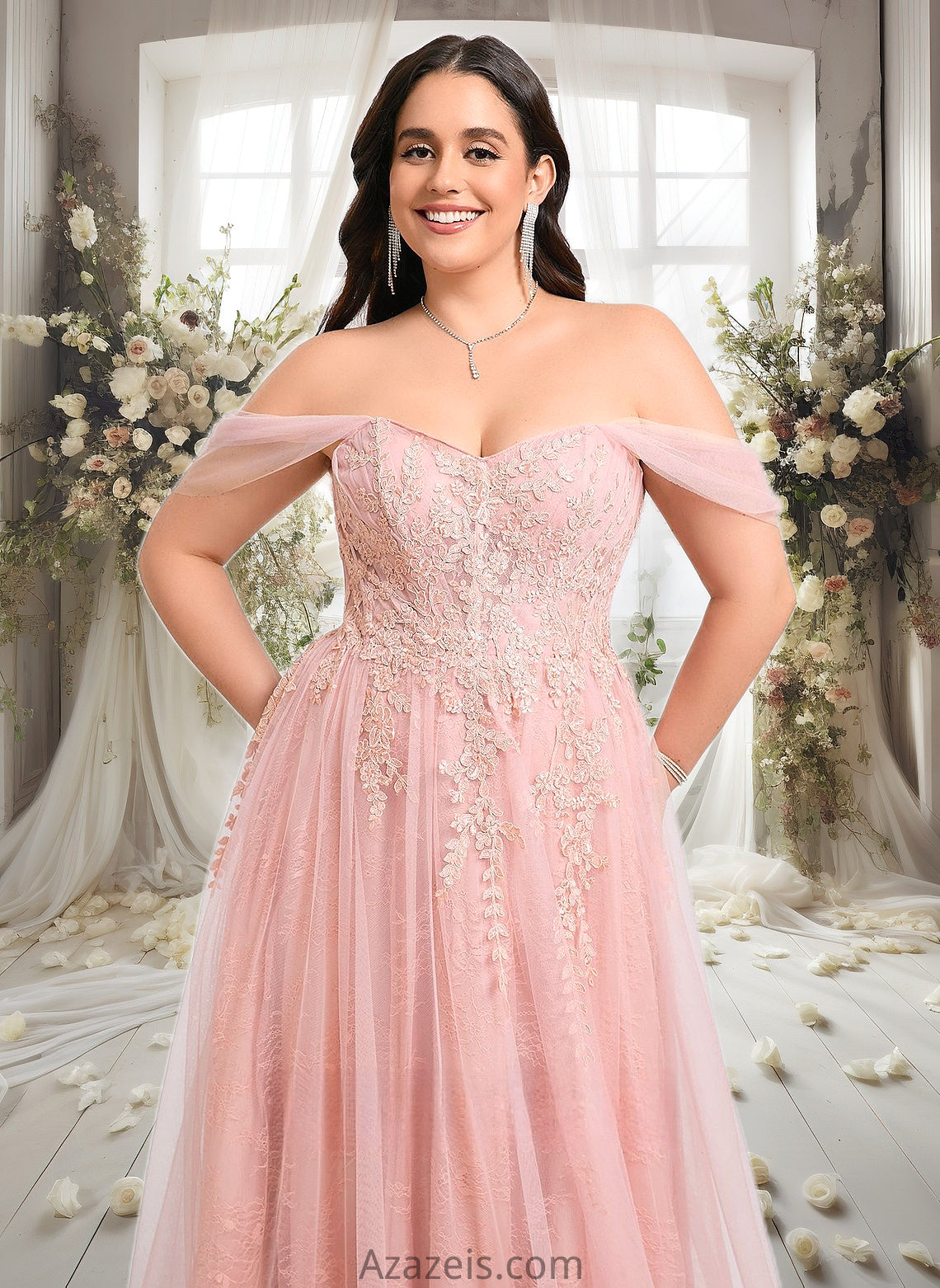 Elva A-line Sweetheart Off the Shoulder Floor-Length Tulle Floral Lace Prom Dresses With Appliques Lace DFP0025870