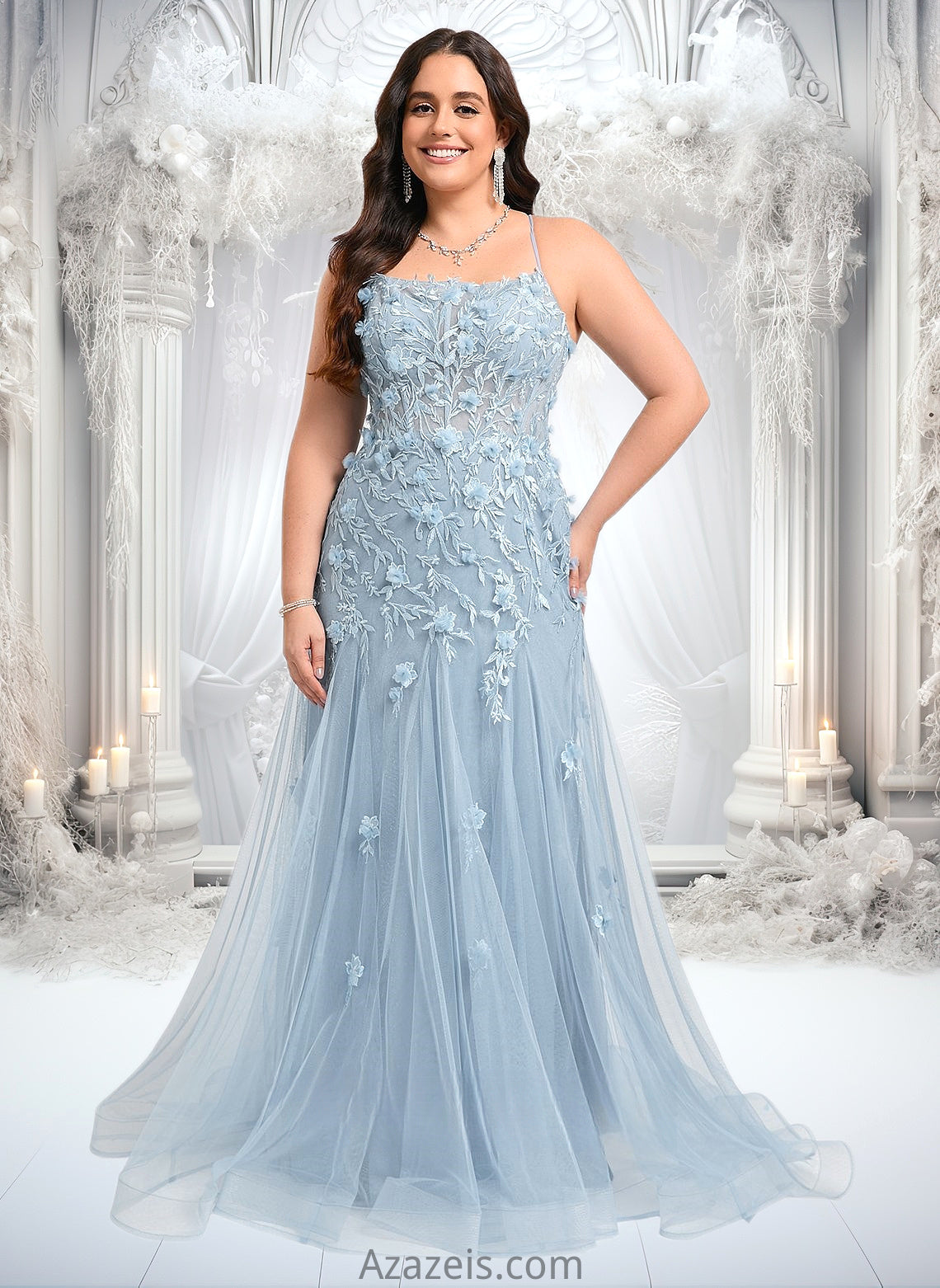 Olivia Trumpet/Mermaid Straight Sweep Train Tulle Prom Dresses With Flower DFP0025866