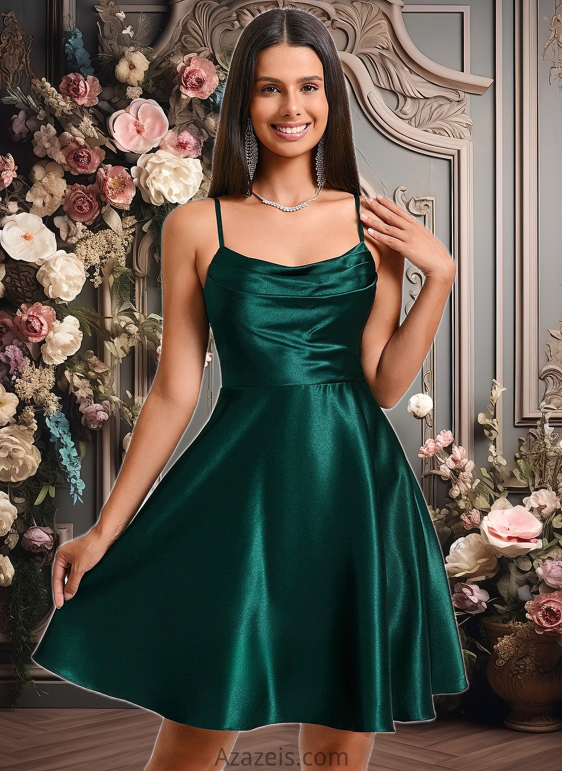 April A-line Cowl Short Stretch Satin Homecoming Dress DFP0025664