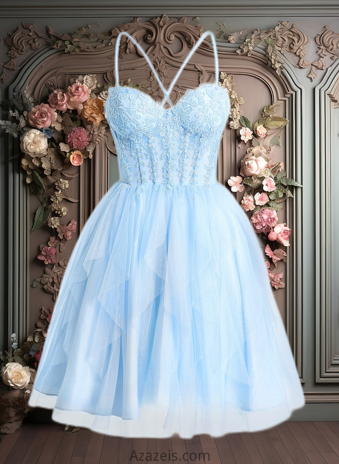 Jaiden Ball-Gown/Princess Sweetheart Short Lace Tulle Homecoming Dress With Ruffle DFP0025707