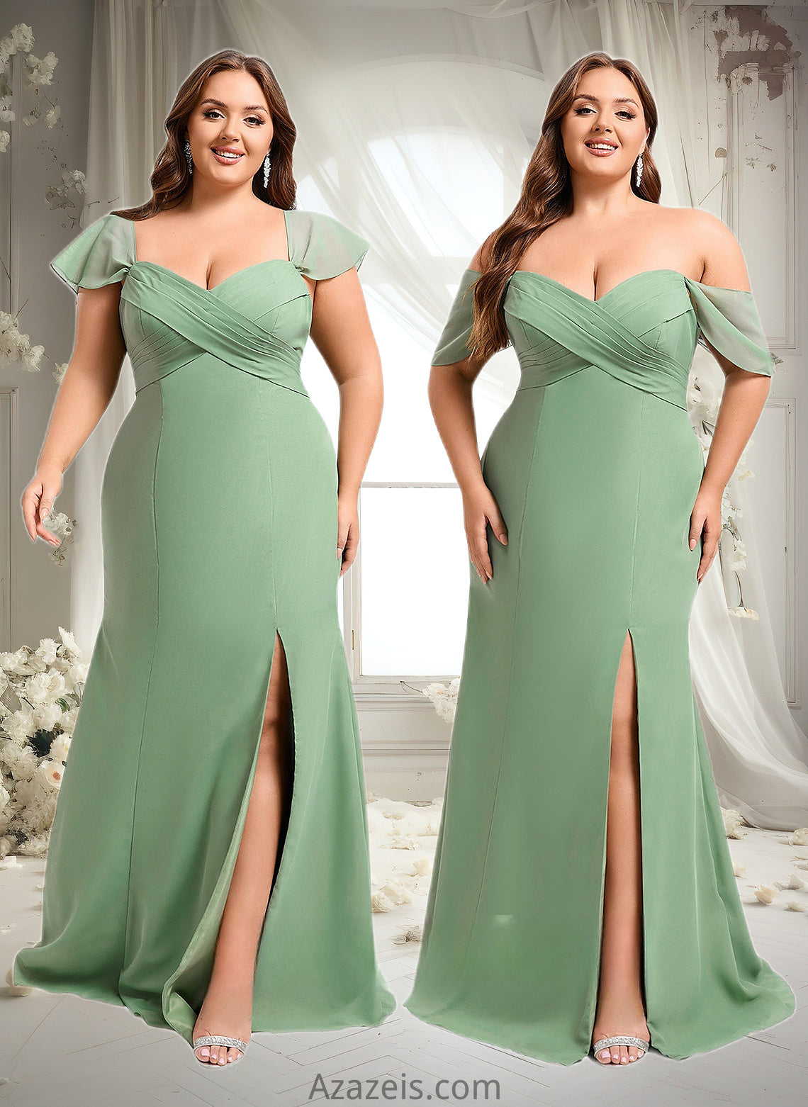 Kallie Trumpet/Mermaid Off the Shoulder V-Neck Floor-Length Chiffon Bridesmaid Dress DFP0025810