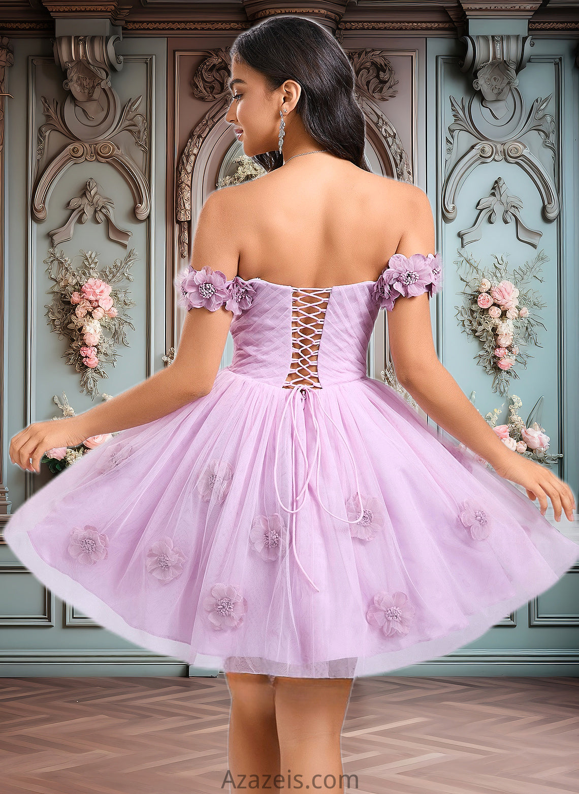 Nell Ball-Gown/Princess Off the Shoulder Short Tulle Homecoming Dress With Pleated Flower DFP0025668