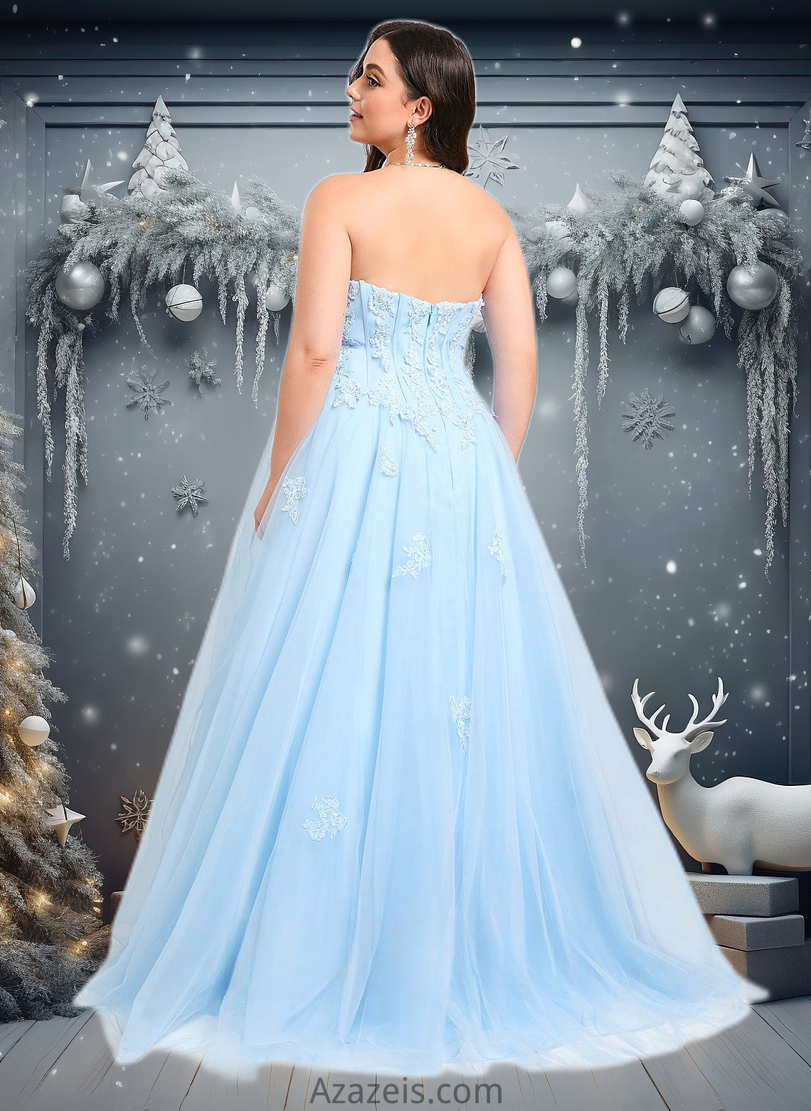 Yaritza Ball-Gown/Princess Straight Sweep Train Tulle Prom Dresses With Sequins Appliques Lace DFP0025864