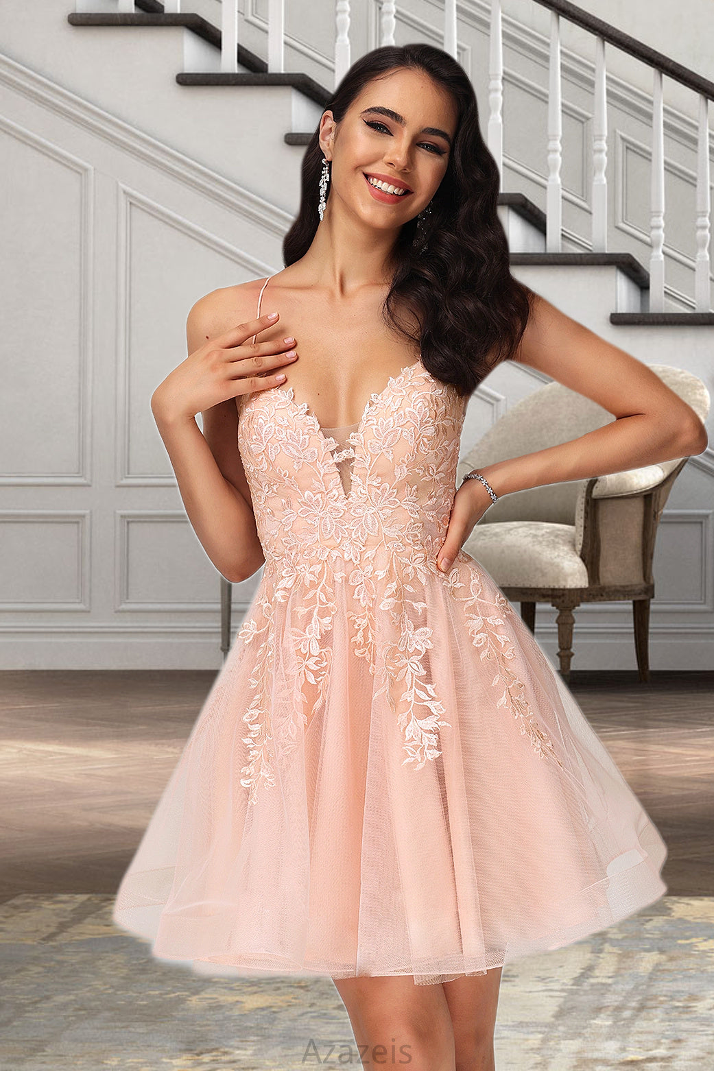 Ainsley A-line V-Neck Short/Mini Lace Tulle Homecoming Dress With Sequins DFP0020500