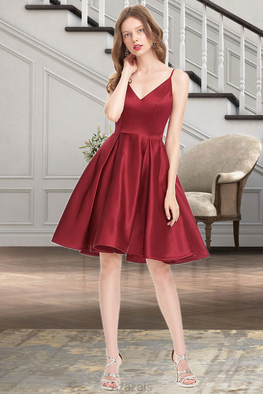 Nora A-line V-Neck Short/Mini Satin Homecoming Dress DFP0020542