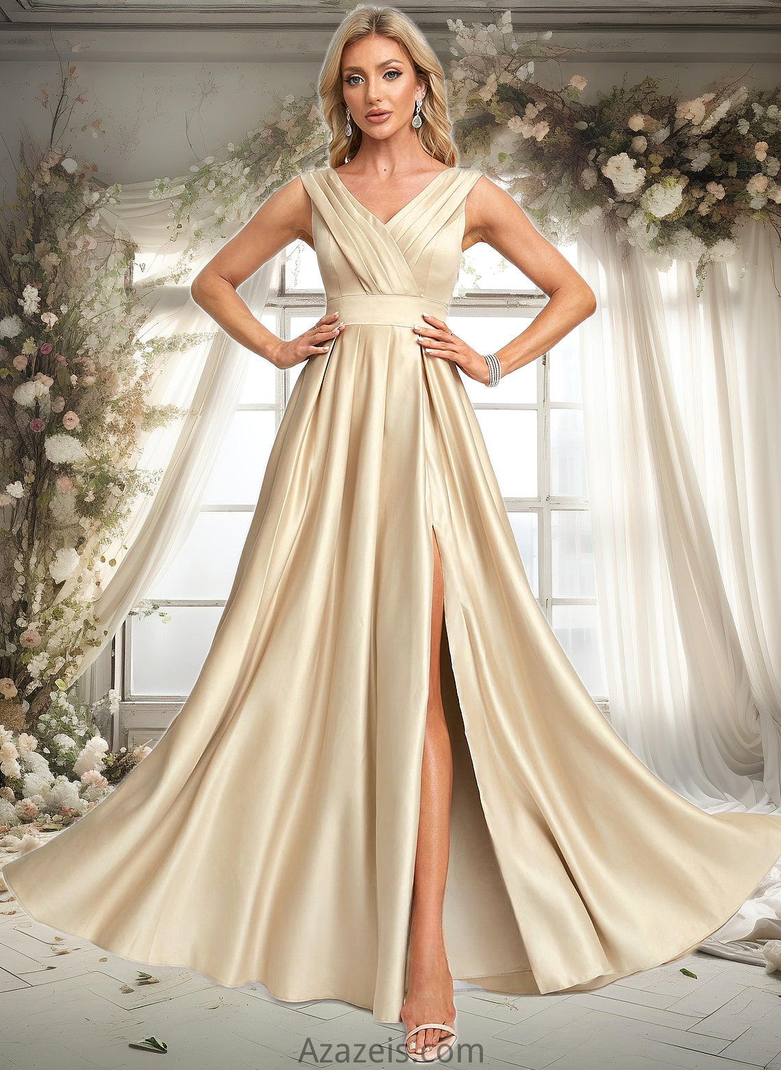 Alani A-line V-Neck Floor-Length Satin Prom Dresses DFP0025877