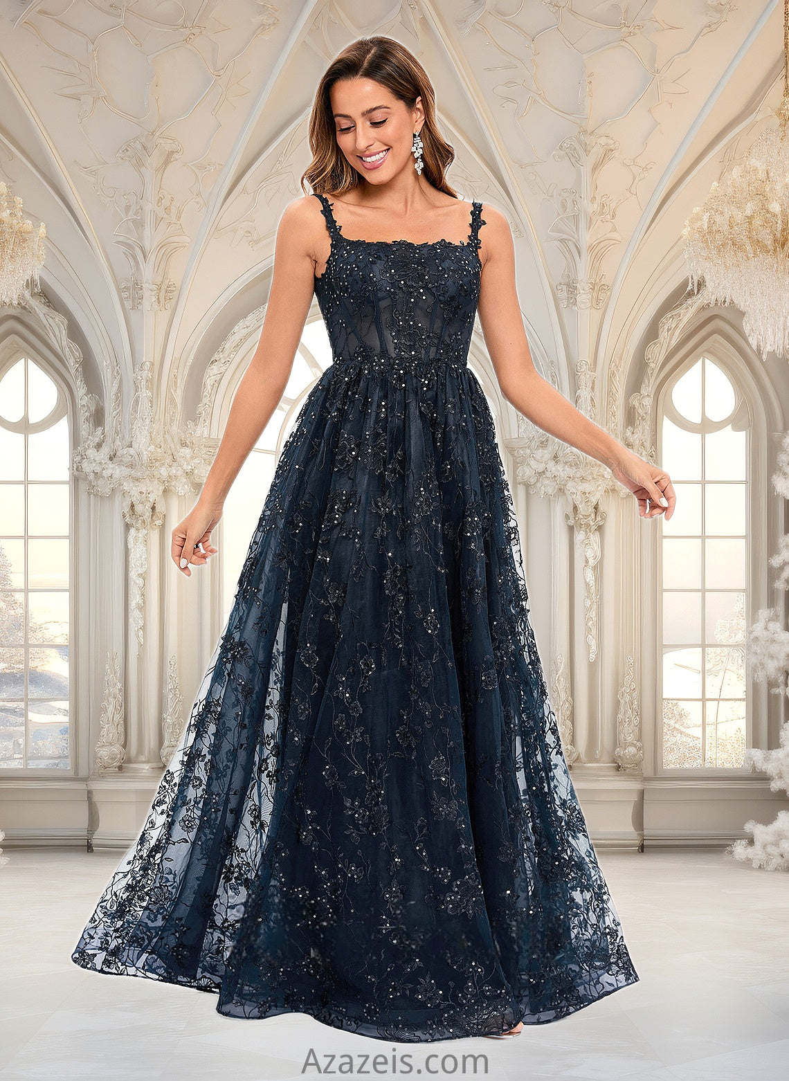 Erin A-line Square Floor-Length Organza Lace Floral Prom Dresses With Sequins DFP0025844