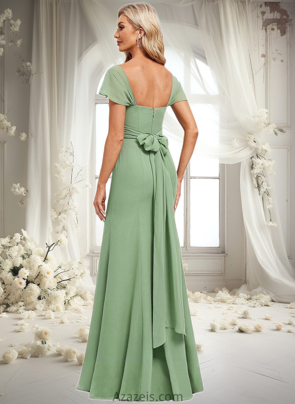 Kallie Trumpet/Mermaid Off the Shoulder V-Neck Floor-Length Chiffon Bridesmaid Dress DFP0025810