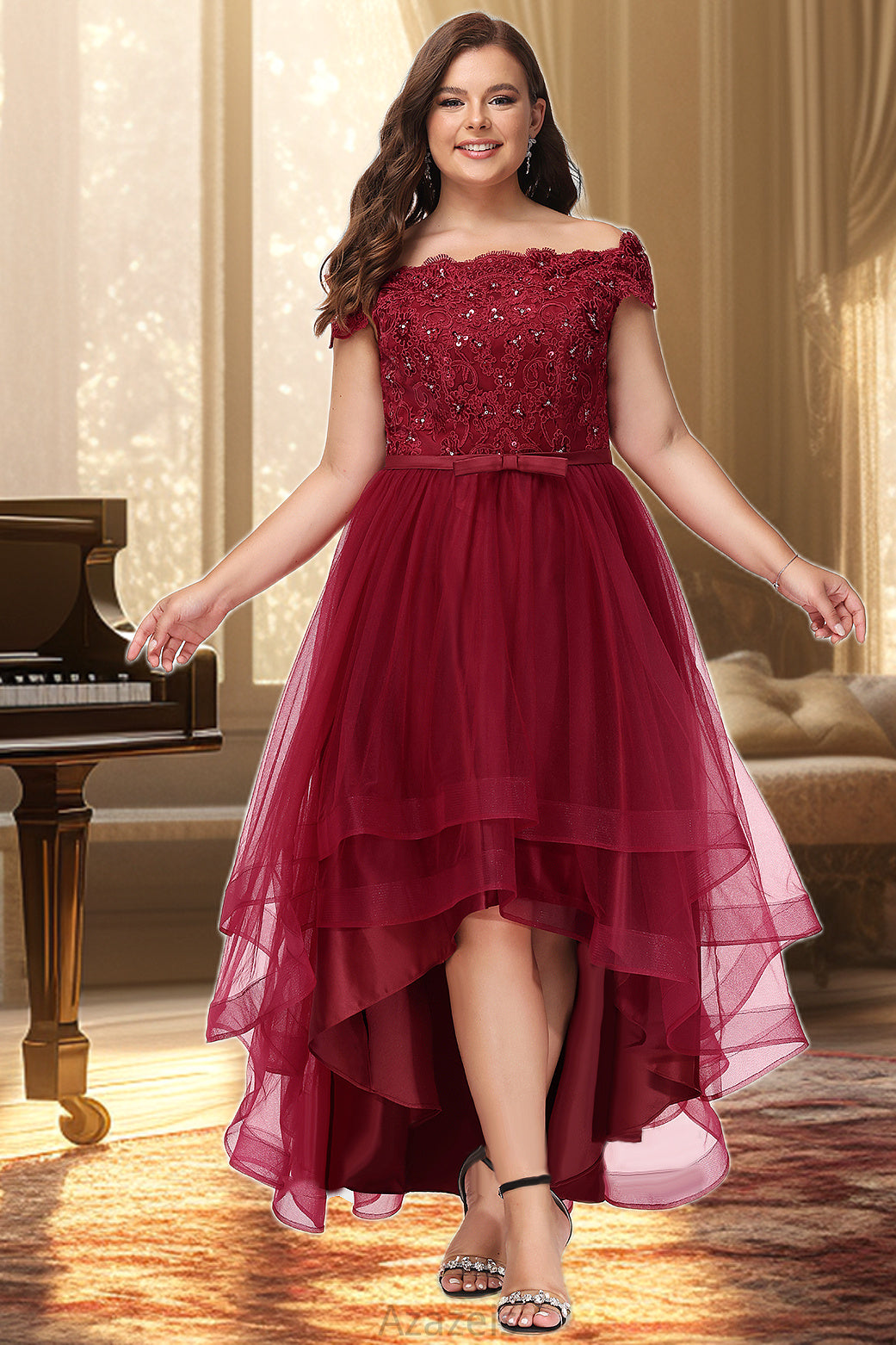 Daisy A-line Off the Shoulder Asymmetrical Lace Tulle Homecoming Dress With Beading Bow Sequins DFP0020535