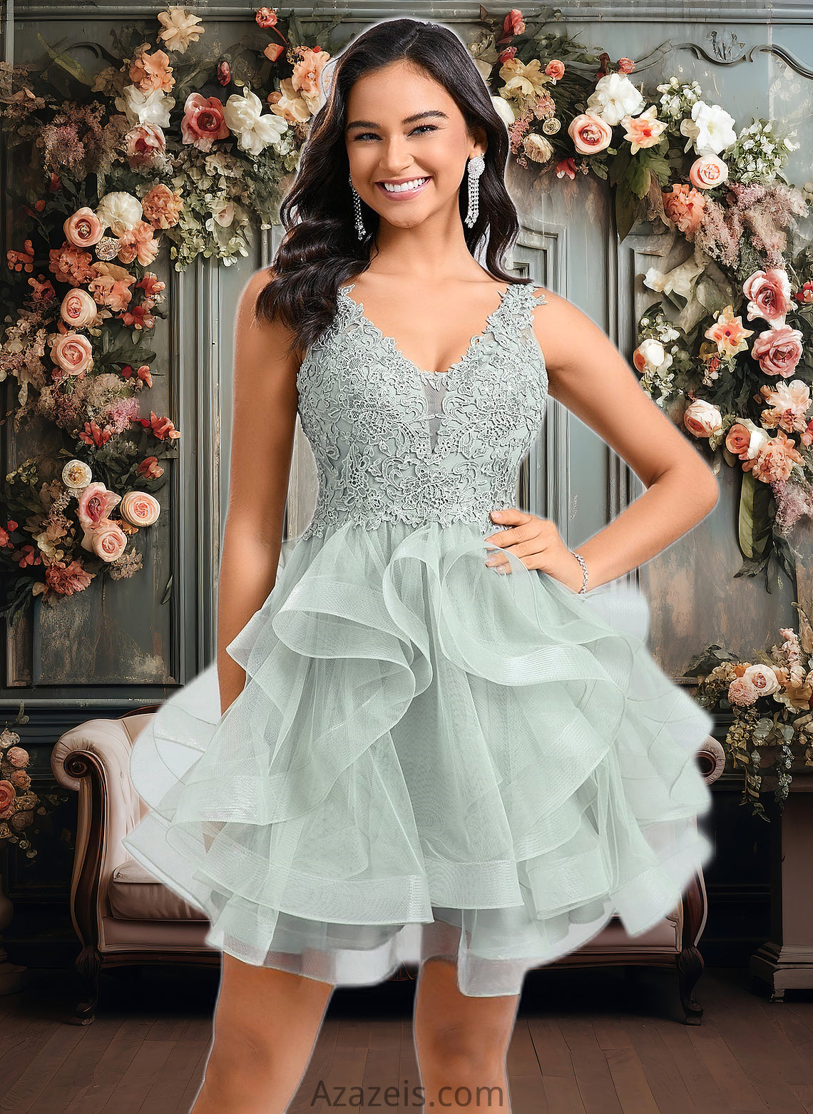 Sheila Ball-Gown/Princess V-Neck Short Tulle Lace Homecoming Dress DFP0025671