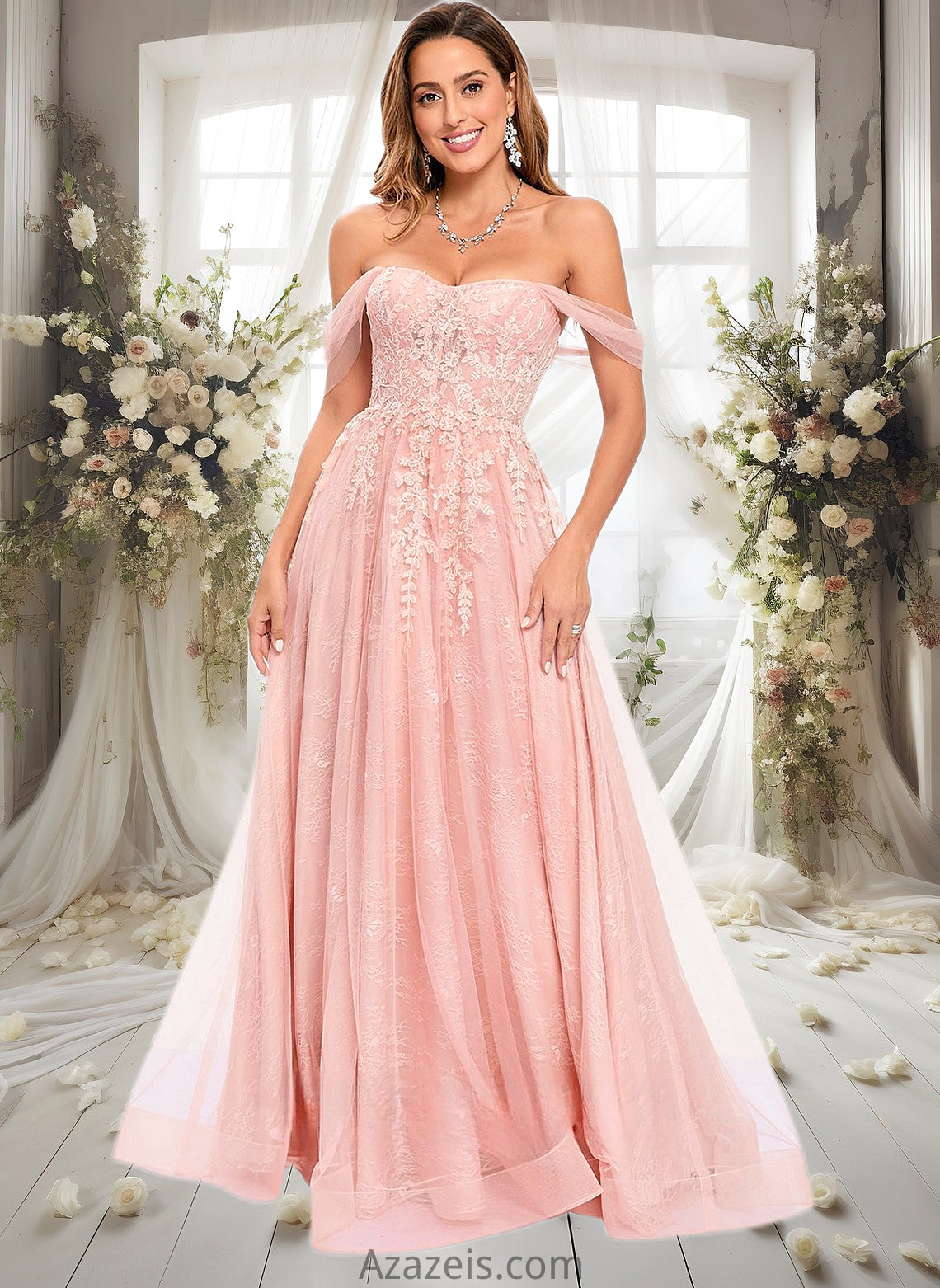 Elva A-line Sweetheart Off the Shoulder Floor-Length Tulle Floral Lace Prom Dresses With Appliques Lace DFP0025870