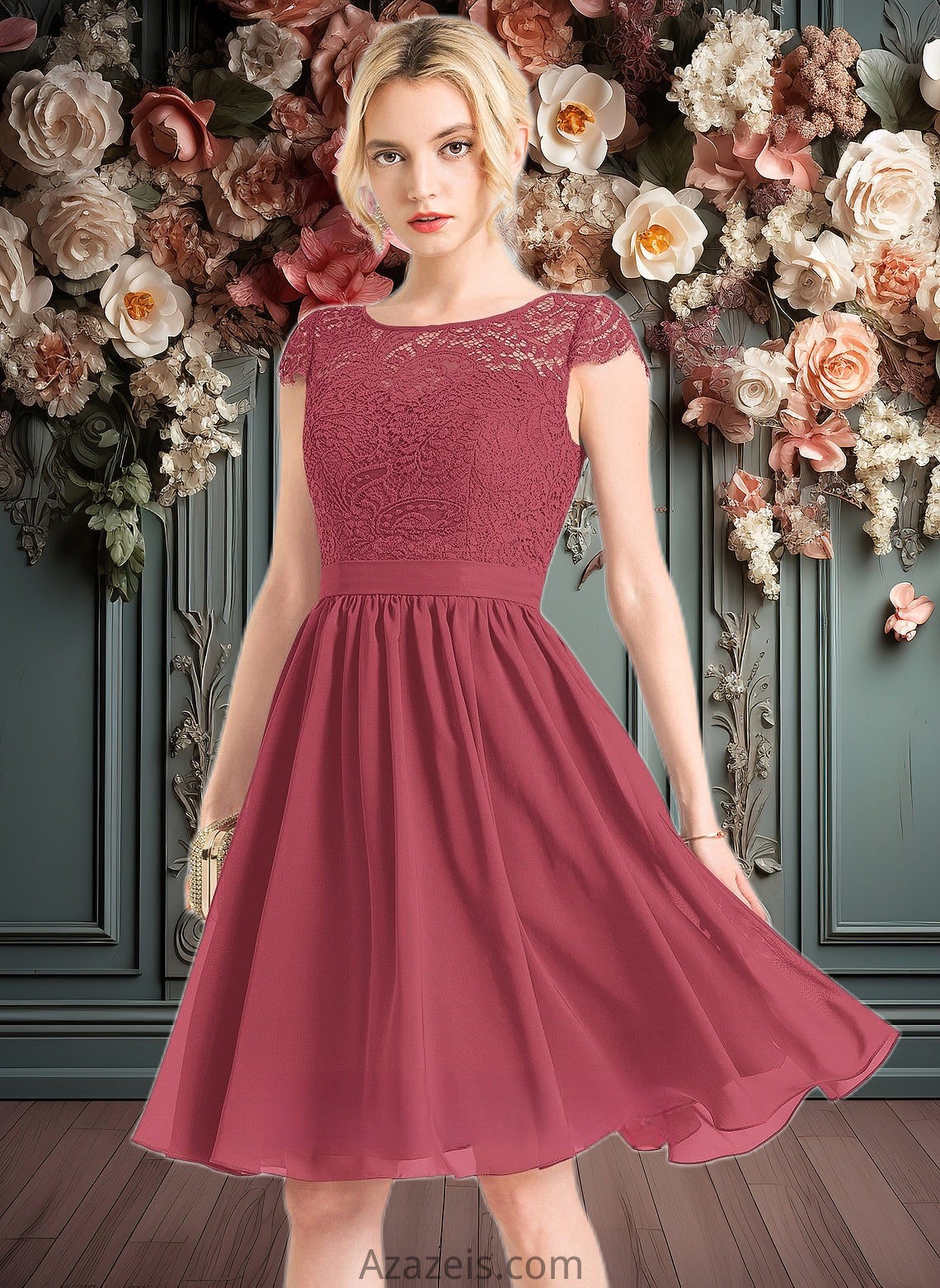 Alice A-line Scoop Knee-Length Lace Chiffon Homecoming Dress DFP0025698