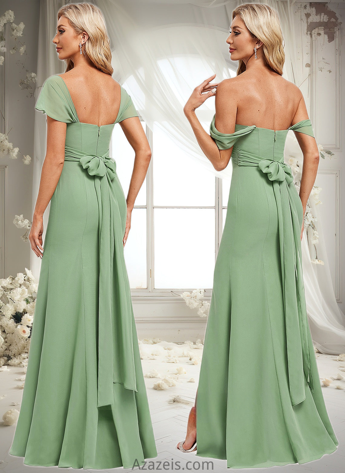 Kallie Trumpet/Mermaid Off the Shoulder V-Neck Floor-Length Chiffon Bridesmaid Dress DFP0025810