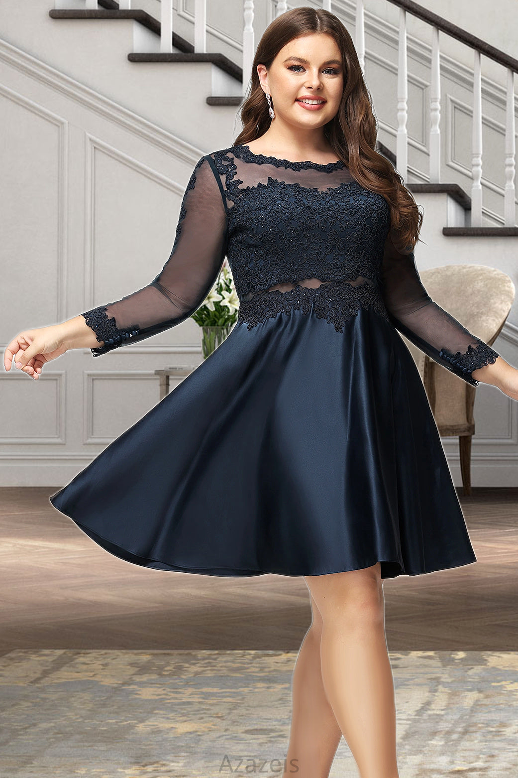 Arianna A-line Scoop Short/Mini Lace Satin Homecoming Dress DFP0020494