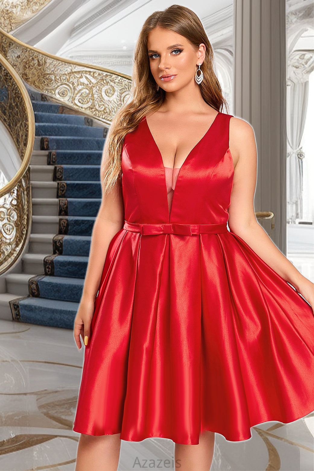 Mandy A-line V-Neck Short/Mini Satin Homecoming Dress With Bow DFP0020583